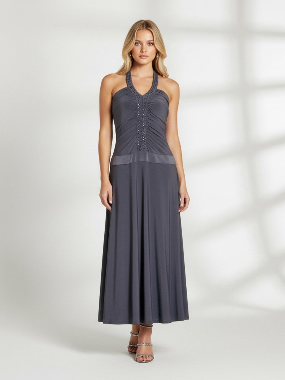 Nine West Beaded Halter Dress Women’s Size 6 Gunmetal Gray Formal Midi